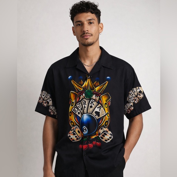 No Boundaries Other - VINTAGE ACE POKER CROWN DICE EIGHTBALL BUTTON SHIRT MENS 38/40